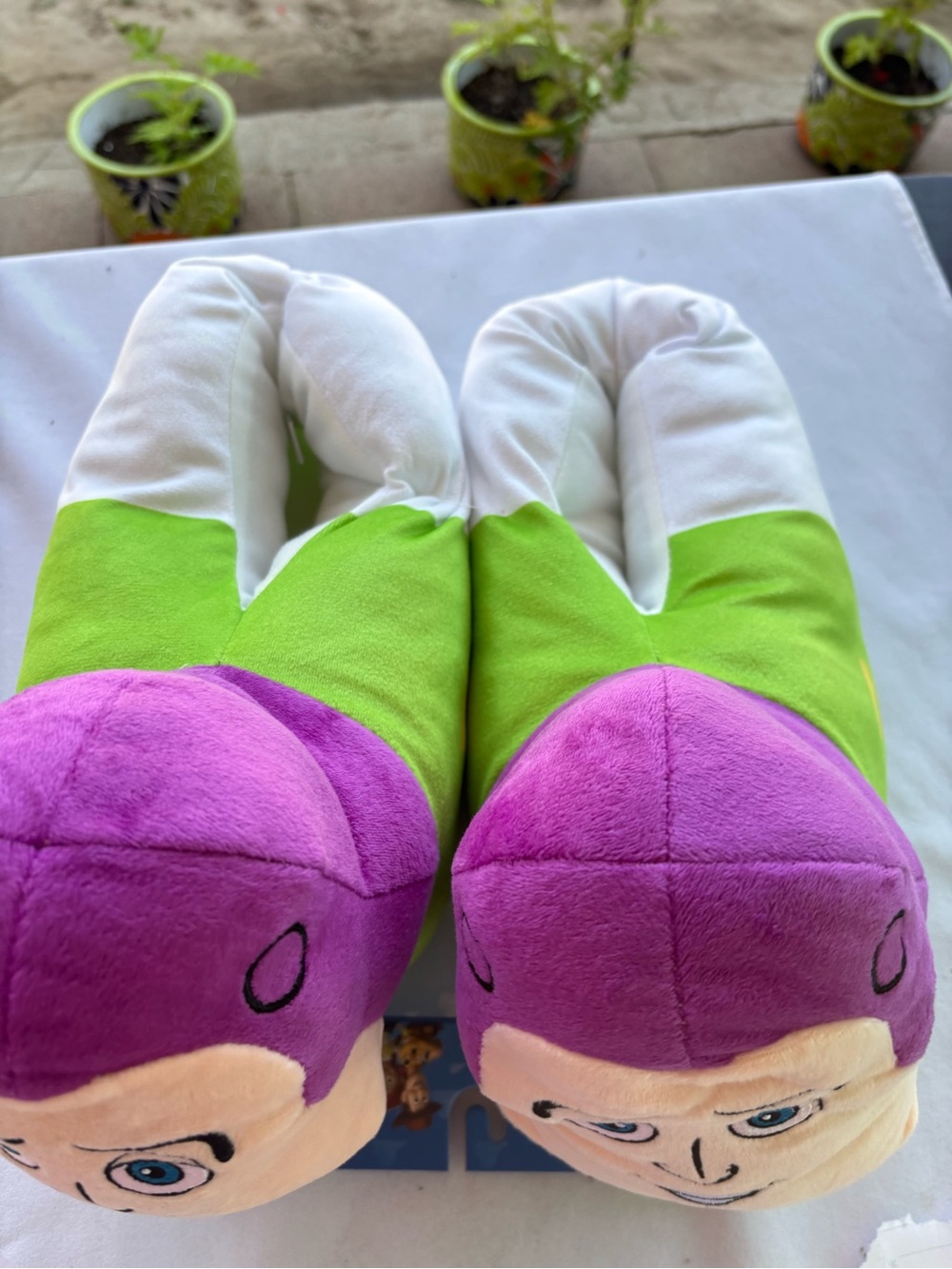 Plush Character Slippers in Purple, Green & White size medium or large adult